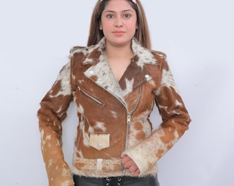 Haar-auf Rindsleder Bikerjacke: Western Cowgirl Stil