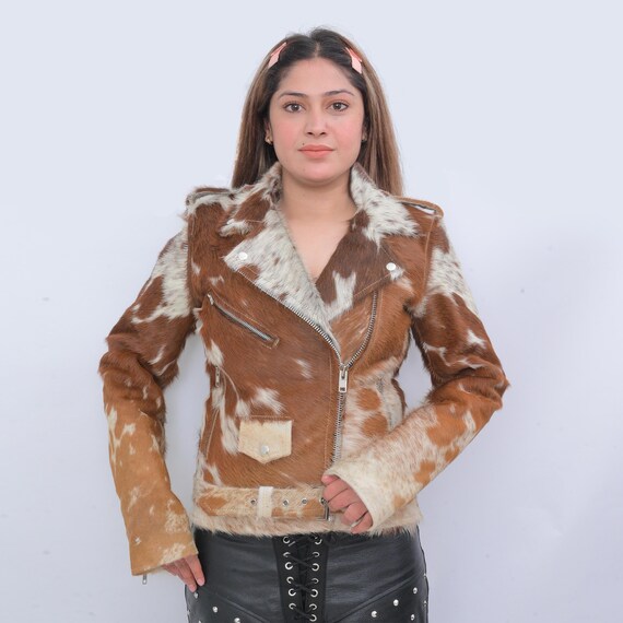 Hair on Cow Skin Leather Jacket for Women | Western Style Custom Cowhide Coat, Personalized Cowgirl Biker Jacket-Perfect Winter Gift for Her