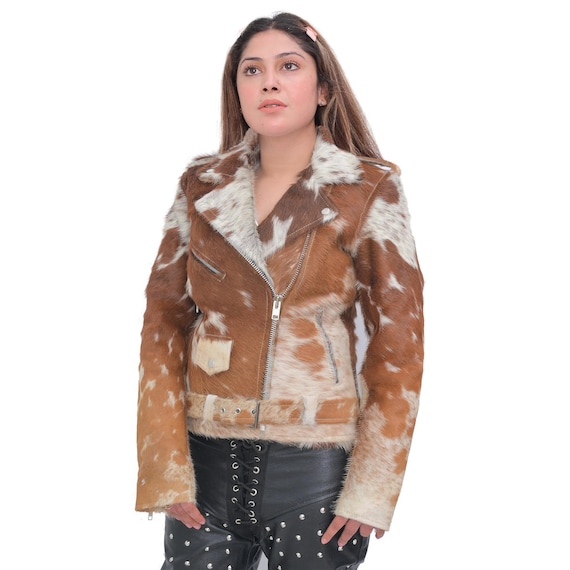 Cowhide Leather Jacket for Women | Hair on Cow Skin Western Coat | Custom Cowgirl Biker Jacket | Personalized Winter Gift for Her
