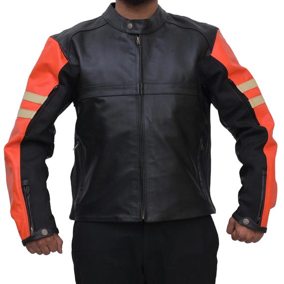 Men’s Biker Cowhide Leather Jacket Black and Orange – Retro Cafe Type Racer Style, Biker Riding Gear, Winter Jacket, Gift for him