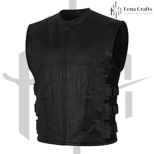 May include: Black leather motorcycle vest with a zipper closure, two zippered pockets, and adjustable straps on the sides.