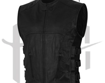 Men's Cowhide Leather Biker Vest: Black Motorcycle Fashion