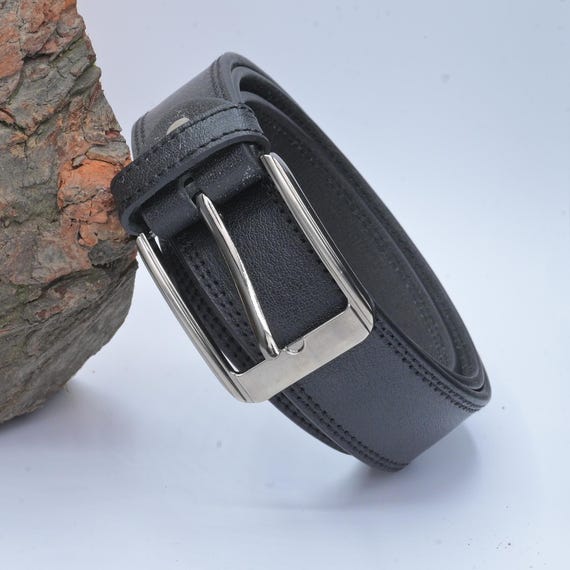 Men’s Black Genuine Leather Belt – Classic Formal Dress Belt with Silver Buckle – Adjustable Waist – Gift for Him
