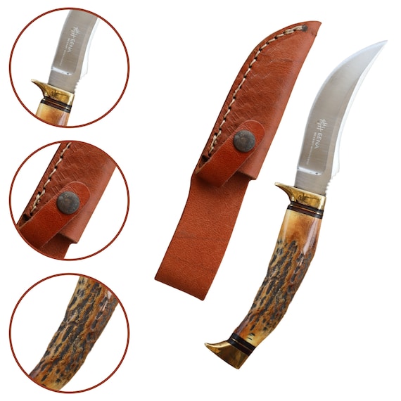 Skinner knife Stainless Steel Stag horn handle Handmade knife with Leather Sheath| Outdoor knife Gift for Dad, Camping knives, Gift for him