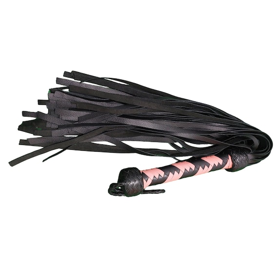 Handmade Leather Flogger 50 and 100 Falls Tails Pink and Black, Genuine Cowhide Leather Heavy Duty Thuddy Whip 9 inches Long Wooden Handle