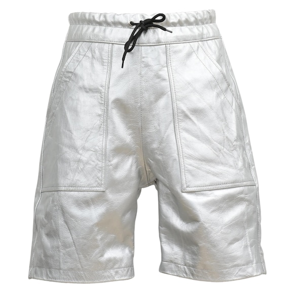 Silver Leather Shorts for Unisex, Genuine Leather Elegant Design with an Elastic Waist Band  Distressed Leather short, Custom Leather Short