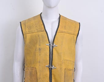 Men Yellow Leather Vest- Distressed Biker Vest with Fish Hook Buckle