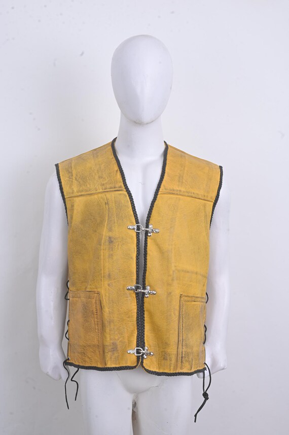 Distressed  Men Yellow Leather Motorcycle Vest, Fish Hook Buckle, Biker Waistcoat, gift for him
