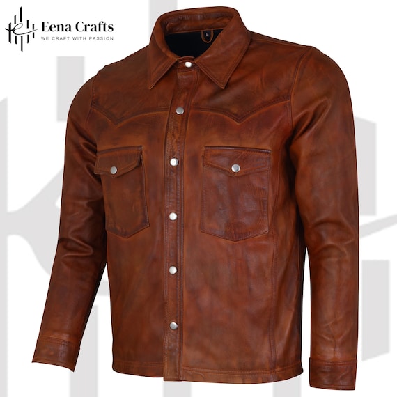 Mens Trucker Slim Fit Brown Leather Shirt| Real Lambskin Elegance Winter Leather Jacket gifts for him | Fashion Leather Shirt