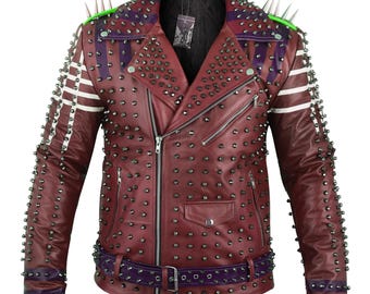 Handmade Maroon Studded Leather Biker Jacket: Punk Rock Spiked Cowhide