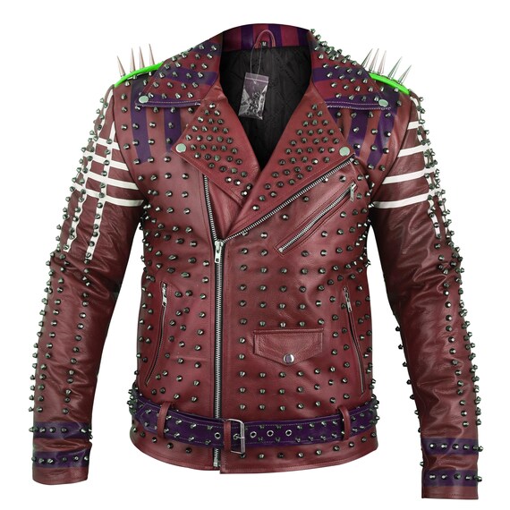 Biker Studded Jacket, Men's Maroon Cow Hide Leather Fully Handmade Studded Jacket with Painted Leather Punk Rock Metal, Punk Spiked Jacket