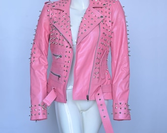 Handgefertigte Pinke Lederjacke mit Nieten: Punk Rock Style