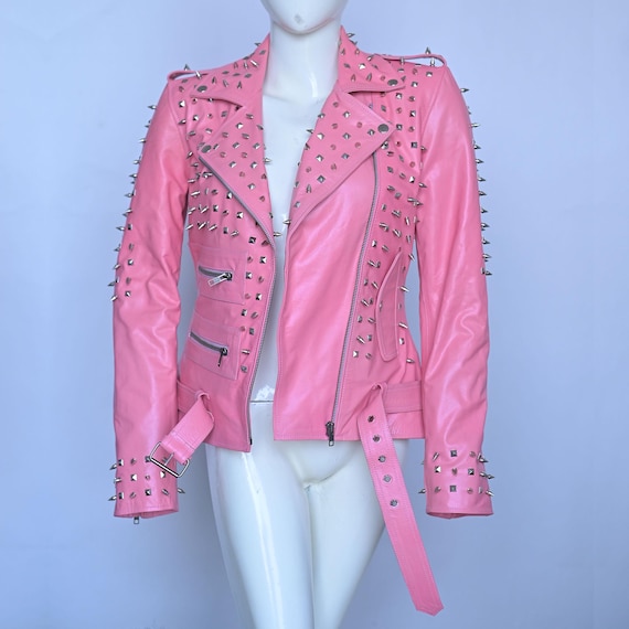 New women's Studded Pink Cowhide Leather Jacket, Punk Jacket, Winter Leather Jacket, Custom Studs and Spiked Jacket, Gift for wife and love.
