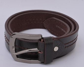 Brown Leather Belt: Men's Casual Double-Stitched Genuine Leather