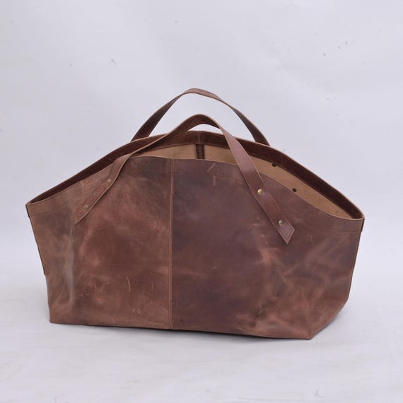 Handmade Leather Log Carrier Firewood Tote Bag - Leather Fireplace Accessory, Log Holder with Handles, Living Room Décor, Special Gift