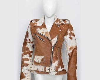 Hair-on Cowhide Leather Biker Jacket: Women's Western Cowgirl Coat