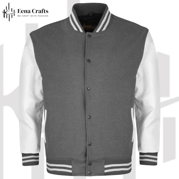 Varsity Jacket| Letterman Varsity Jacket with Original Leather Sleeves and Wool Body| Grey and white Varsity Fashion Jacket Baseball jacket