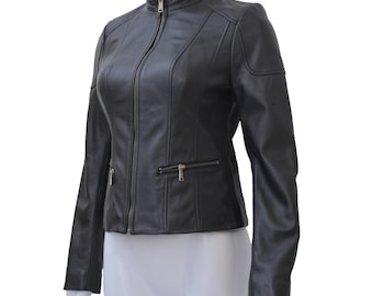 Women’s Black Real Leather Biker Jacket-Slim Fit Genuine Motorcycle Style Coat-Gift for Her