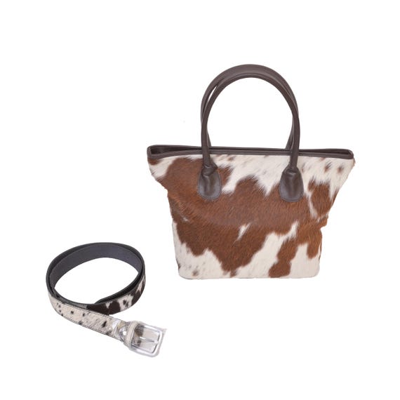 Hair on Leather Belt and tote Bag- Cowhide Fur Handbag-White Brown Purse-Women premium Leather Purse-Hair on Shoulder Bag and belt for Women