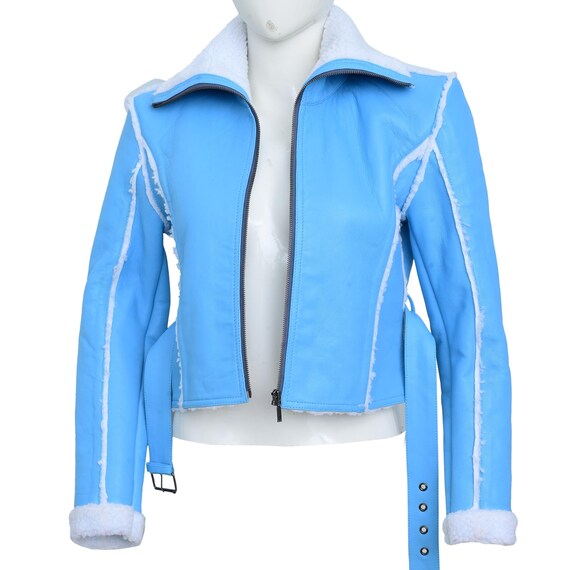 New Women Blue Leather  faux  fur Jacket, Collared Slim Fit Classic Casual Style Ladies Fashion Jacket, Biker Leather Jacket