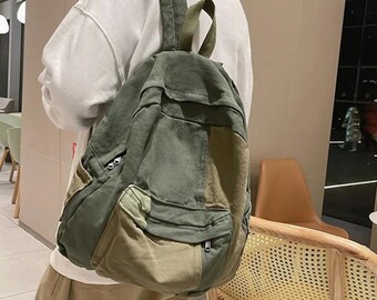 Contrast Colour Canvas Backpack, Minimalist Casual Bag, Large Capacity Backpack for Travel, Outdoor Bag, Laptop Backpack, Back to School