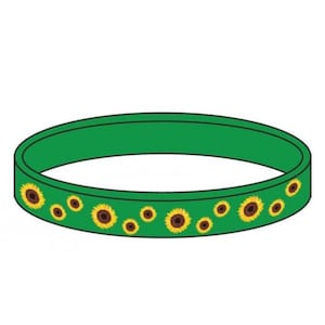 May include: A green rubber bracelet featuring a repeating pattern of yellow sunflowers with brown centres. The bracelet is a continuous loop, designed to be worn on the wrist. The design is simple and cheerful.