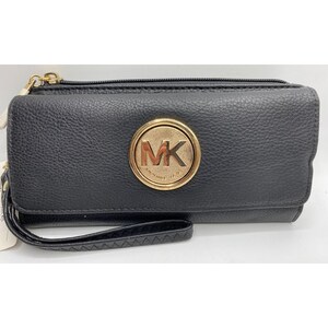 Michael Kors Black Leather Wristlet Wallet With Gold MK Logo F50-C