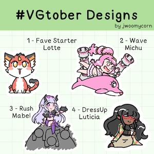 Könnte beinhalten: Vier digitale Illustrationen von Charakteren mit dem Text #VGtober Designs by jwoomycorn. Die erste Illustration ist eine rote Katze mit orangefarbenen Augen. Die zweite Illustration ist ein pinkfarbener Charakter mit pinkfarbenem Haar, der auf einem pinkfarbenen Delfin reitet. Die dritte Illustration ist ein lilafarbener Charakter mit lilafarbenem Haar und einem schwarzen Kleid. Die vierte Illustration ist ein brauner Charakter mit braunem Haar, der ein grün-weißes Hemd trägt.