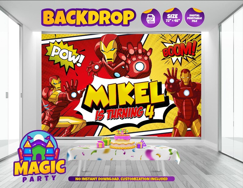 May include: A digital printable backdrop for a birthday party featuring a comic book style design with a red, yellow, and blue color scheme. The backdrop features the words "POW!" and "BOOM!" in large, bold letters. The backdrop also features a cartoon image of Iron Man, a superhero from the Marvel Comics universe. The backdrop is 72 inches by 48 inches.