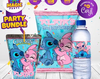 Stitch & Angel Birthday Party Bundle - Party Treats - Chip Bag - Capri Sun labels - Water Bottle Labels - Personalized - DIGITAL FILE