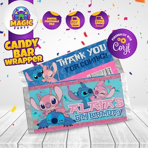 Stitch and Angel Candy Bar Wrapper - 5.2 x 5.8&quot; printable labels - Bar wrapper - Kids Birthday - Template Printable - DIGITAL FILE