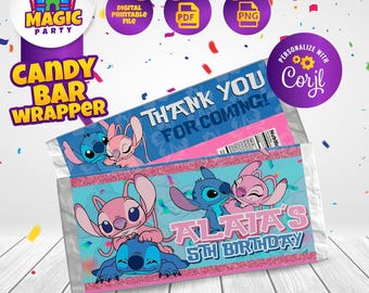 Stitch and Angel Candy Bar Wrapper - 5.2 x 5.8" printable labels - Bar wrapper - Kids Birthday - Template Printable - DIGITAL FILE