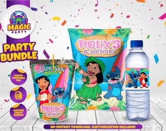 Paquete de fiesta de cumpleaños de Lilo y Stitch - Regalos para fiestas - Bolsa de papas fritas - Capri Sun - Etiquetas para botellas de agua - Personalizado - ARCHIVO DIGITAL
