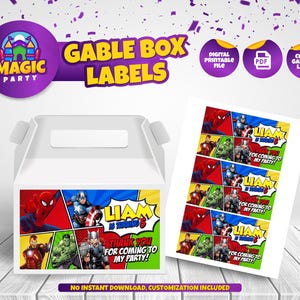 Super Heroes Gable Box label - Printable - Party Treats - Editable Template - Party Favor - Personalized - Kids Birthday - DIGITAL FILE