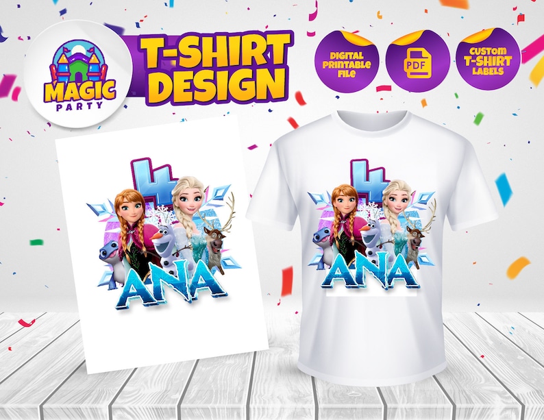 May include: White t-shirt with a colourful graphic design featuring the text "ANA" and animated characters. The design includes the text "T-SHIRT DESIGN" and the Magic Party logo.