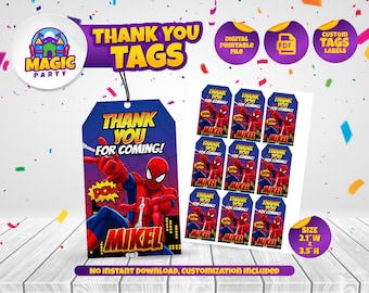 Etykiety z podziękowaniami Spiderman - 2,1 x 3,5 cala - Etykieta na prezent - Etykiety na upominki - Spersonalizowane - Do druku - Urodziny dziecka - PLIK CYFROWY
