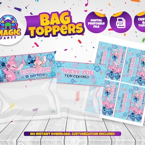 Puede incluir: Toppers para bolsas con los personajes de Stitch y Angel, con el texto "Esther's Birthday" y "Thank You For Coming!". El dise&ntilde;o incluye un archivo imprimible digital y toppers de bolsa personalizados.