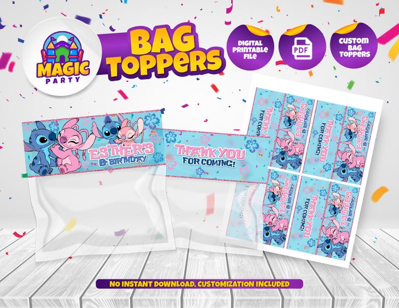 Puede incluir: Toppers para bolsas con los personajes de Stitch y Angel, con el texto "Esther's Birthday" y "Thank You For Coming!". El dise&ntilde;o incluye un archivo imprimible digital y toppers de bolsa personalizados.
