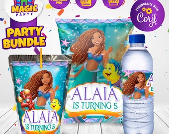 May include: A party bundle featuring a juice pouch, a chip bag, and a water bottle with blue caps, all decorated with a mermaid illustration, a yellow fish, and a red crab. The text reads ALAIA IS TURNING 5, MAGIC PARTY, and PERSONALIZE WITH CORJL.