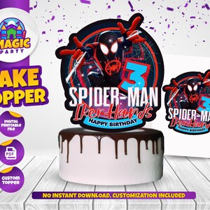 May include: A digital printable cake topper featuring Spider-Man with the text "Spider-Man Iker Hands Happy Birthday". The topper is designed for a cake and includes a red and blue Spider-Man character with a black background.