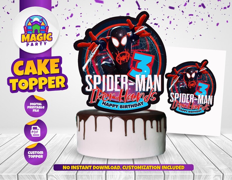 May include: A digital printable cake topper featuring Spider-Man with the text "Spider-Man Iker Hands Happy Birthday". The topper is designed for a cake and includes a red and blue Spider-Man character with a black background.