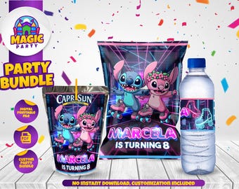 Stitch & Angel Dance Birthday Party Bundle - Rollers theme - Treats - Chip Bag, Capri Sun, Water Bottle Labels - Personalized - DIGITAL FILE
