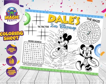 May include: A coloring sheet with the text "Dale's 2nd Birthday" featuring Mickey Mouse illustrations. Includes a maze, tic-tac-toe, and a word search puzzle. The sheet is designed for children's birthday parties and is a digital printable file.