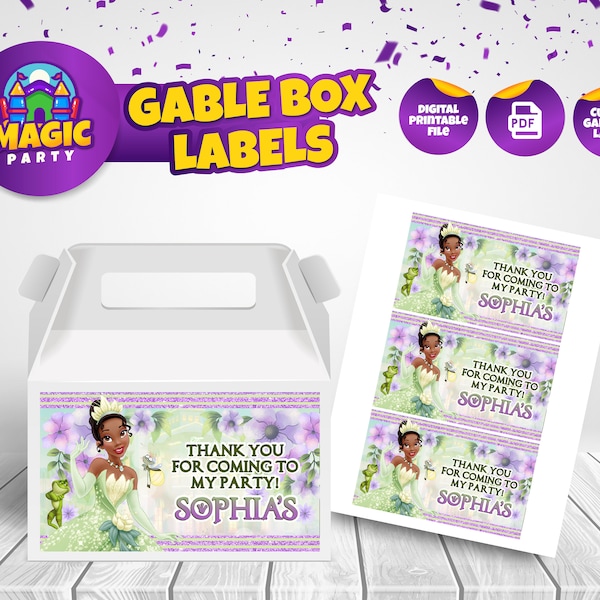 Tiana Label Gable Boxes - Printable - Party Treats - Editable Template - Party Favor - Personalized - Kids Birthday - DIGITAL FILE