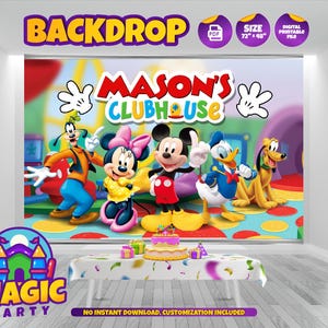 May include: A rectangular party backdrop featuring the text MASON'S CLUBHOUSE and cartoon characters Goofy, Minnie Mouse, Mickey Mouse, Donald Duck, and Pluto. The design includes white gloves, a colorful room background, and a 72 inches by 48 inches size label.