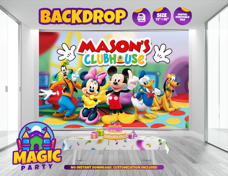 May include: A rectangular party backdrop featuring the text MASON'S CLUBHOUSE and cartoon characters Goofy, Minnie Mouse, Mickey Mouse, Donald Duck, and Pluto. The design includes white gloves, a colorful room background, and a 72 inches by 48 inches size label.
