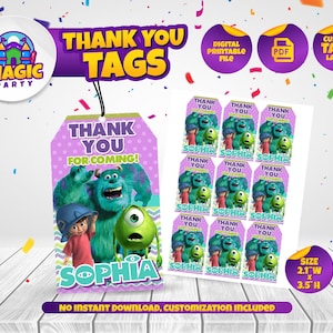 Monsters Inc Dankeschön Tags - 5x3,5 cm - Geschenkanhänger - Geschenkanhänger - Personalisiert - Druckbar - Kindergeburtstag - DIGITALE DATEI