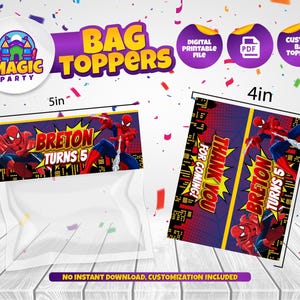 Op de afbeelding: Zaktoppers met Spider-Man-afbeeldingen. E&eacute;n topper is 12,7 cm breed en 5,1 cm hoog, met de tekst "BRETON TURNS 5". De andere is 10,2 cm breed en 12,7 cm hoog, met "THANK YOU FOR COMING!" en "BRETON TURNS 5".