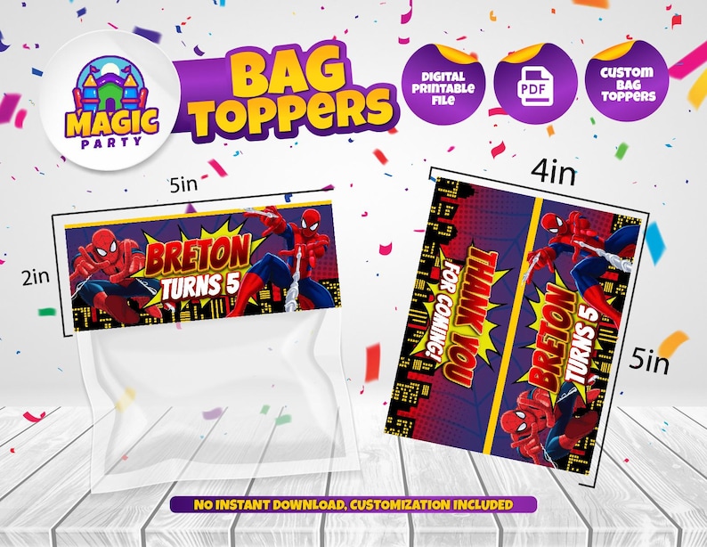 Op de afbeelding: Zaktoppers met Spider-Man-afbeeldingen. E&eacute;n topper is 12,7 cm breed en 5,1 cm hoog, met de tekst "BRETON TURNS 5". De andere is 10,2 cm breed en 12,7 cm hoog, met "THANK YOU FOR COMING!" en "BRETON TURNS 5".