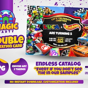Dubbele verjaardagsuitnodigingskaart (alle thema's) Dual Party - verjaardag broer of zus - Dual - Twins Celebration - niet direct downloaden - DIGITAAL BESTAND